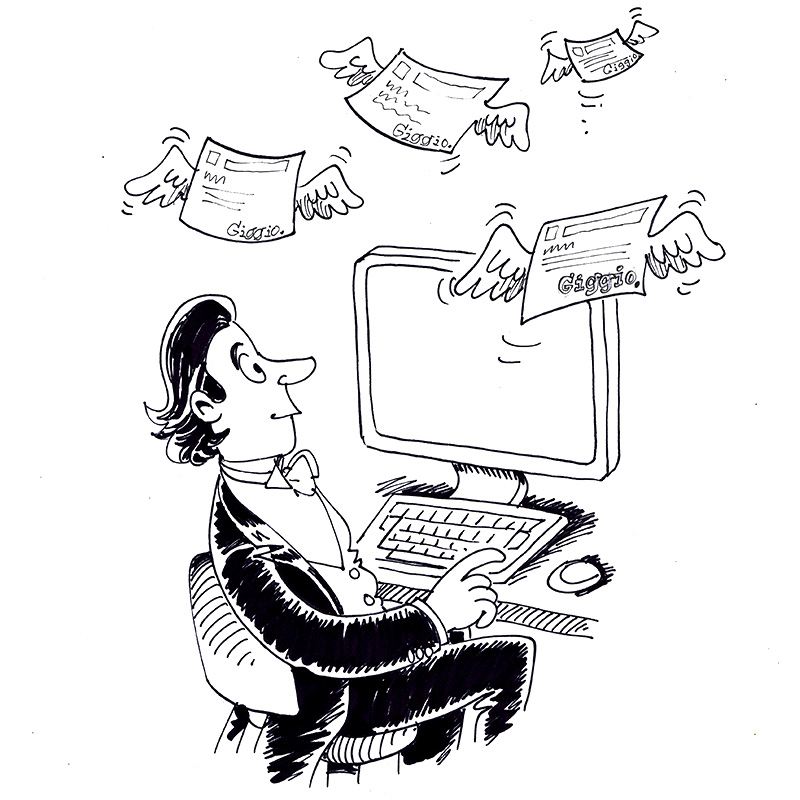 Cartoon man at computer watching winged emails flying away from the screen.