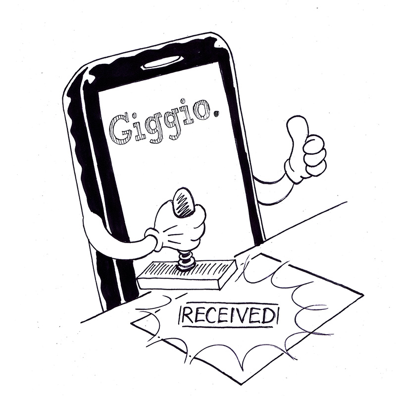 Cartoon phone labeled Giggio stamping a paper with the word RECEIVED and giving a thumbs-up.